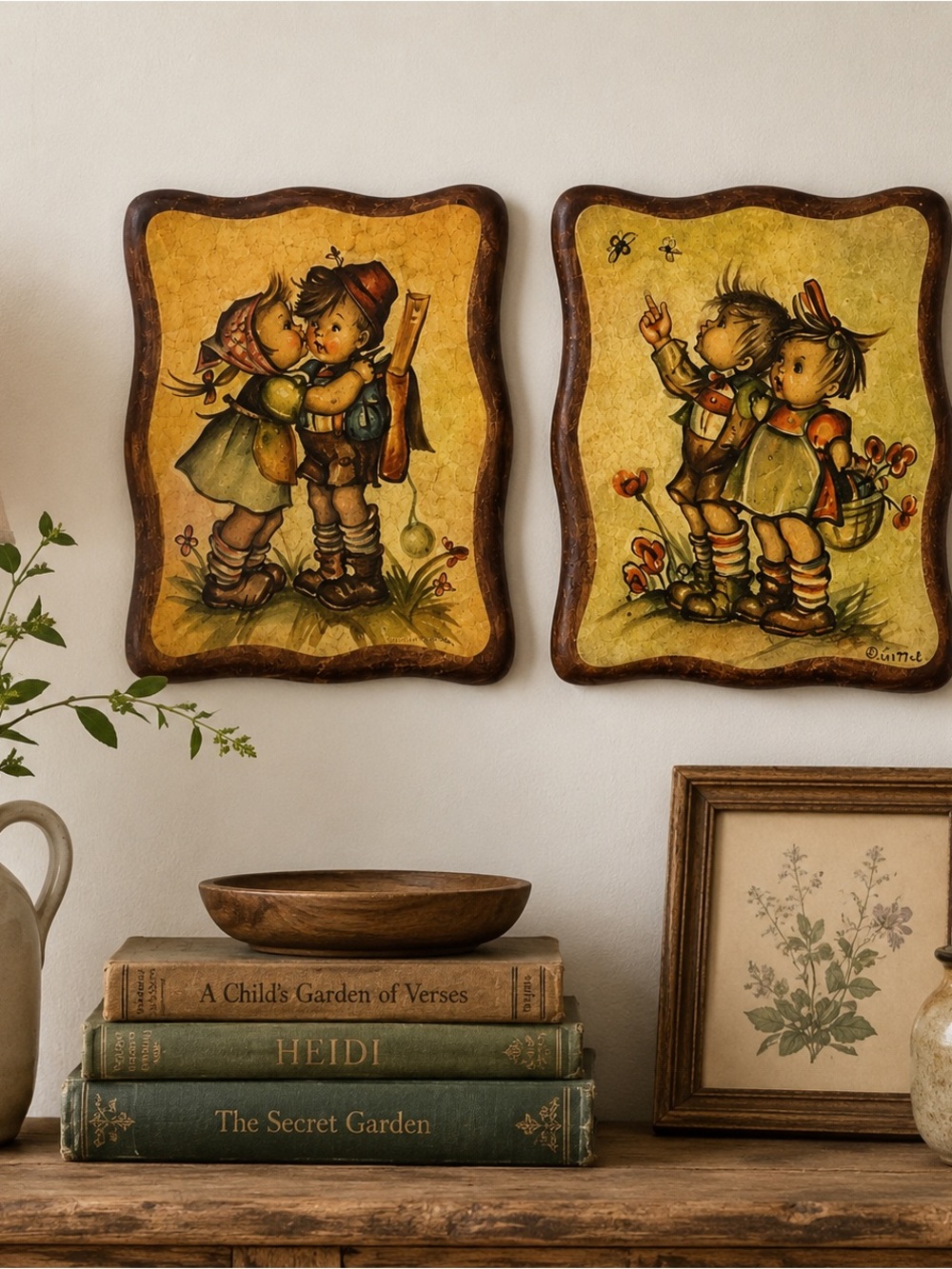 Vintage Hummel Style Wood Wall Plaques Evans Art Boy Girl Pair Cottagecore